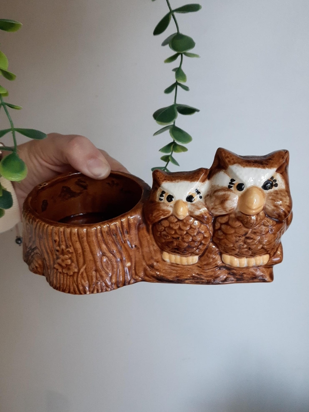 1970s Ceramic Owl Planter in Brown and Cream